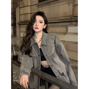 2025美式高街设计感水洗破洞牛仔外套男女春季做旧工装潮vibe夹克图片