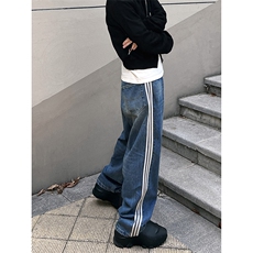 B221美式ins高街小众宽松三条杠运动牛仔裤LK23130-P60控78，男装牛仔裤，电商B221