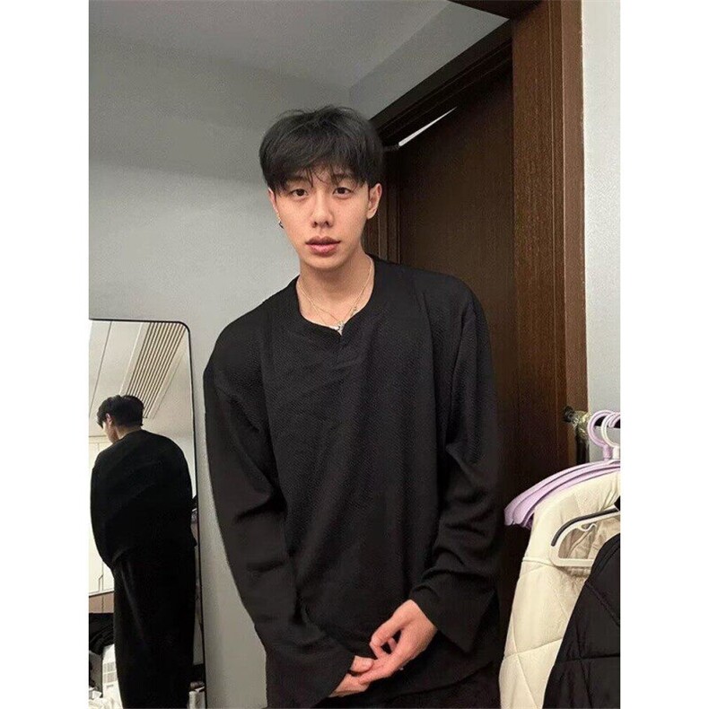 青少年美式高街小V领长袖T恤春秋季休闲肌理感纯色体恤打底衫内搭,男装T恤,星座506A