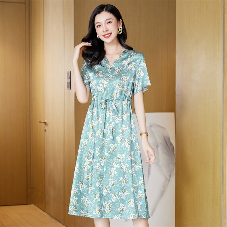 法式气质V领水墨印花连衣裙女2024夏季新款收腰显瘦洋气减龄裙子,女装连衣裙,阿舍尔精品
