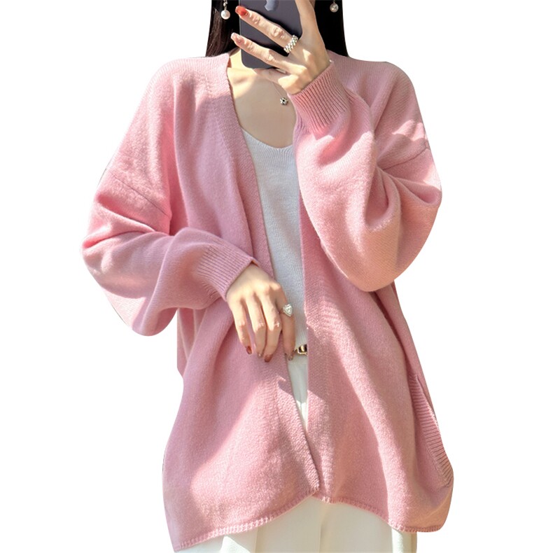V领100%纯羊毛开衫女秋冬新款宽松慵懒风无扣羊绒衫针织外套毛衣,女装羊毛衫,冀清阳荣