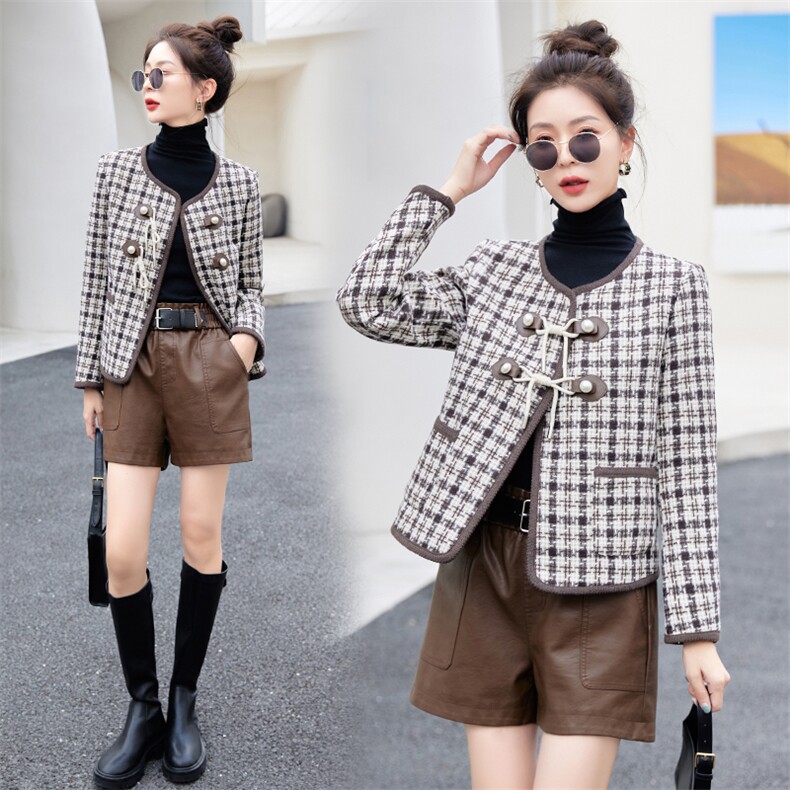 毛呢女2025年秋冬新款时尚气质高级感小个子pu短裤,女装短外套,韩美纤衣
