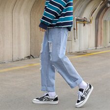 20/秋季破洞宽松九分裤牛仔裤个性破洞裤卷边乞丐裤K82P50控65，男装牛仔裤，电商A102B