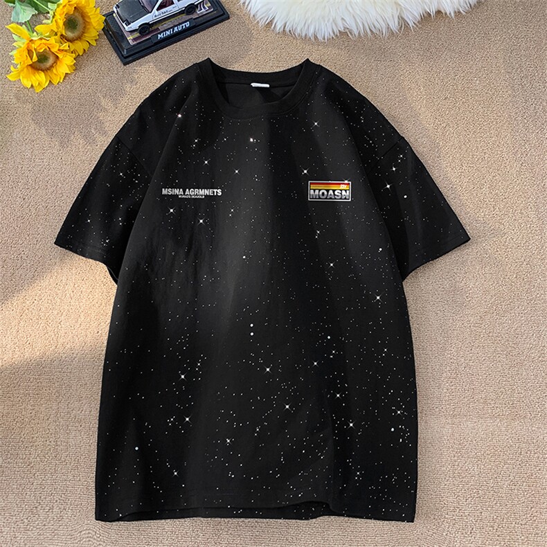 量大优供抖音视频支持得物配合二开美式满天星亮片短袖T恤MTX199,男装T恤,电商A486