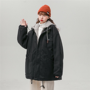 EQ158 冬季新款港风休闲毛呢假两件连帽棉服棉衣情侣潮牌外套P145图片