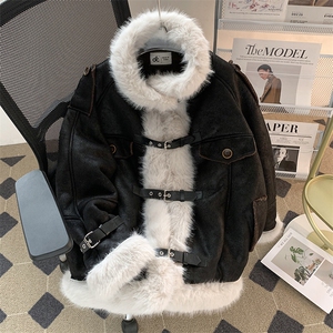 2025新款羊羔绒加绒加厚毛毛拼接立领棉服保暖潮情侣W8532-P130图片