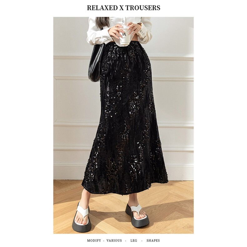 2024年春季华丽亮片法式鱼尾裙氛围感半身裙重工轻奢中长款裙子潮，女装半身裙，君汇