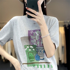夏季新款100%纯棉针织短袖女圆领拼色印花T恤宽松大码半袖上衣，女装针织衫/毛衣，斯美雅电商供货