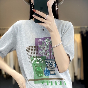 夏季新款100%纯棉针织短袖女圆领拼色印花T恤宽松大码半袖上衣图片
