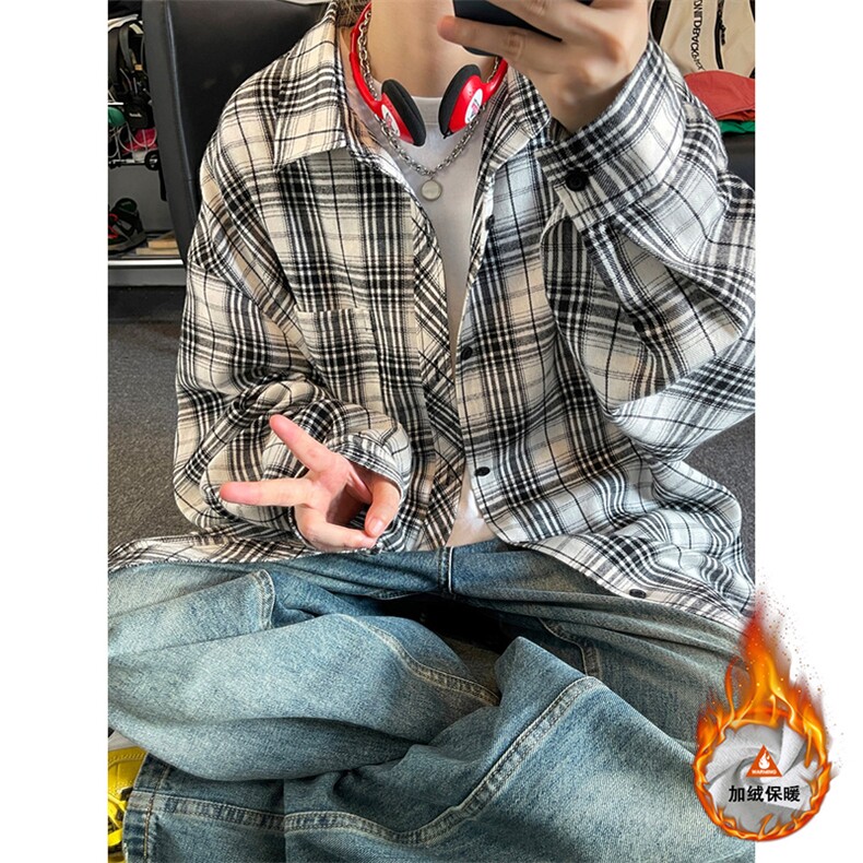 韩版潮流复古格子大码翻领男女长袖衬衫C2196-特P28/CJ9736-特P40图片