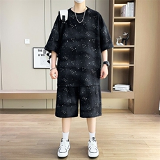 港风套装男宽松满天星扎染短袖T恤短裤休闲套装TZ6632-P55，男装牛仔裤，星座310B-3