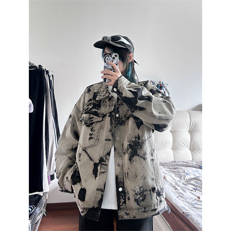 现货5千件男女美式牛仔外套春秋扎染破坏牛仔衣高街夹克NT521P75，男装工装外套，星座301D-2(原星座1004-1）
