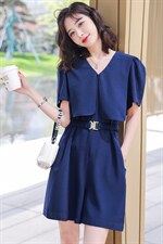 田园连衣裤2022年夏季拉链泡泡袖中腰宽松腰带收腰少女领连体短裤，女装连体裤，微微衣阁