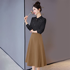 现货2024春季时尚复古盘扣优雅收腰显瘦A字摆半裙百搭潮流两件套，女装套装/套裙，时尚俏佳人