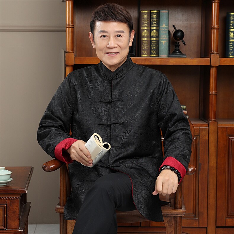 常货春款两面穿绸缎风唐装外套男士中老年新中式复古盘扣夹克,男装夹克,钱塘723
