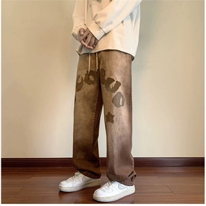 潮流时尚慵懒简约无品牌气质潮牌做旧工装直筒牛仔裤拖地长裤新款图片
