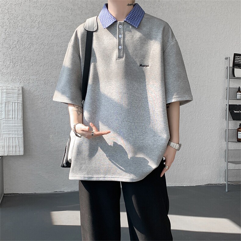T308-P40控68夏季扎染刺绣POLO衫短袖男潮牌宽松格子拼接体恤,男装T恤,电商A058-1（原电商C417）