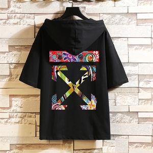 LD54169-P45 连帽短袖t恤男大码胖子带帽五分袖中袖 砖墙挂拍图片