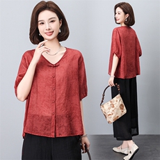 新中式盘扣苎麻上衣女2024夏季新款轻薄复古大码中年妈妈，女装大码女装，奕阳依阁