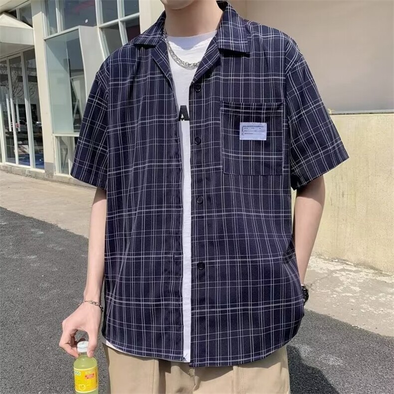 机能工装短袖衬衫男女山系街头宽松休闲翻领半袖黑色衬衣图片
