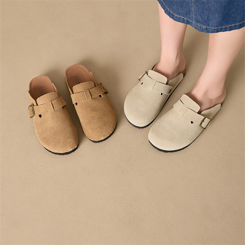 2024真皮勃肯鞋女平底拖鞋纯原外穿休闲鞋子女轻便搭扣豆豆鞋，女鞋拖鞋，电商A223