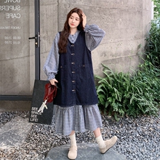 日系减龄复古文艺风格纹连衣裙套装女2025秋季新款牛仔罩衫两件套，女装套装/套裙，2C198