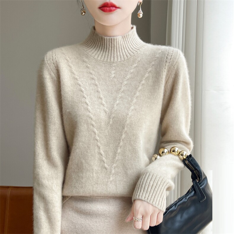 双股加厚半高领毛衣女秋冬新款羊毛内搭上衣宽松针织打底衫，女装羊毛衫，九嘉羊绒