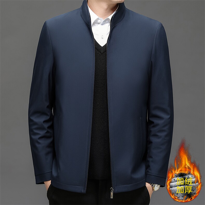 夹克衫加领立领夹克男中老年爸爸装简约保暖休闲外套棉服男装图片