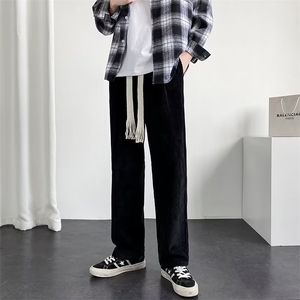 编织绳抽绳灯芯绒裤子秋季新款男士直筒潮流复古休闲长裤D017图片