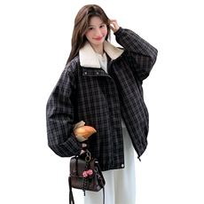 复古格子羊羔毛翻领羽绒服女2025冬季短款加厚面包服宽松保暖外套，女装羽绒服，艾米莉亚
