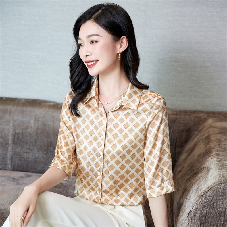杭州真丝衬衫女五分袖中袖重磅桑蚕丝上衣衬衣气质夏装中年妈妈装,女装衬衫,阿舍尔精品