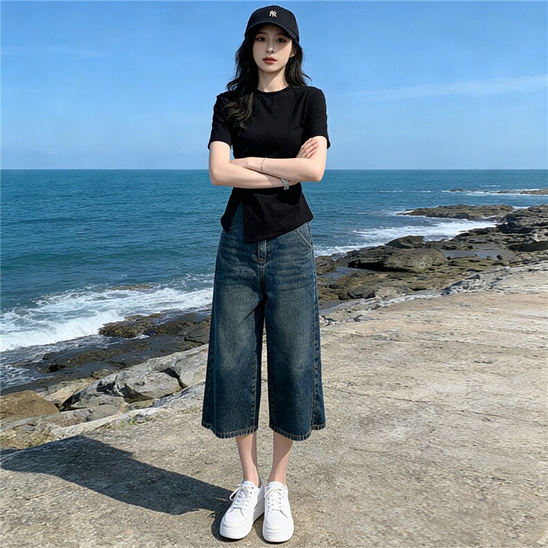 时尚简约套装女夏季新款收腰显瘦圆领开叉短袖阔腿牛仔中裤两件套，女装套装/套裙，江南