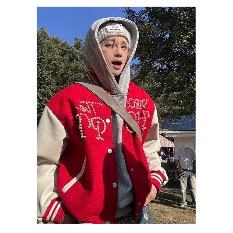 Q06/P76 春外套男高街毛呢拼皮棒球服珍珠钉珠原宿风潮夹克2图片