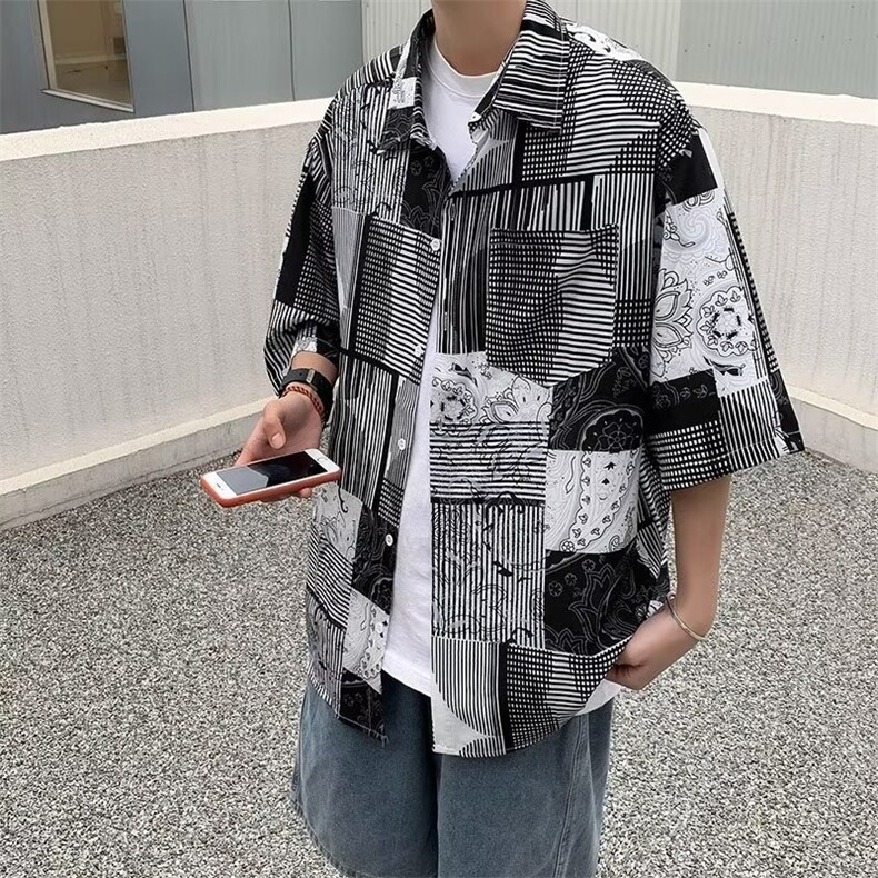 格纹肌理痞帅花衬衫男士2024春夏季宽松休闲短袖衬衣外套男,男装衬衫,星座716-2