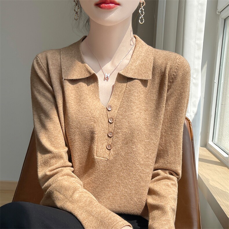 秋季新款女装纯色长袖针织衫翻领毛衣女宽松显瘦百搭打底衫上衣,针织衫/毛衣,皓宇羊绒