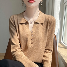 秋季新款女装纯色长袖针织衫翻领毛衣女宽松显瘦百搭打底衫上衣，女装针织衫/毛衣，皓宇羊绒