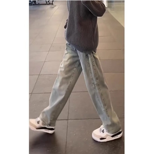 春秋蓝色抽绳牛仔裤男美式vibe裤子男款阔腿宽松弯刀直筒微喇图片