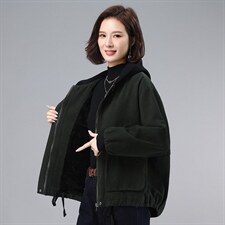 2021年冬季拼接连帽加绒外套宽松长袖文艺通勤开衫，女装卫衣/绒衫，叶笙衣