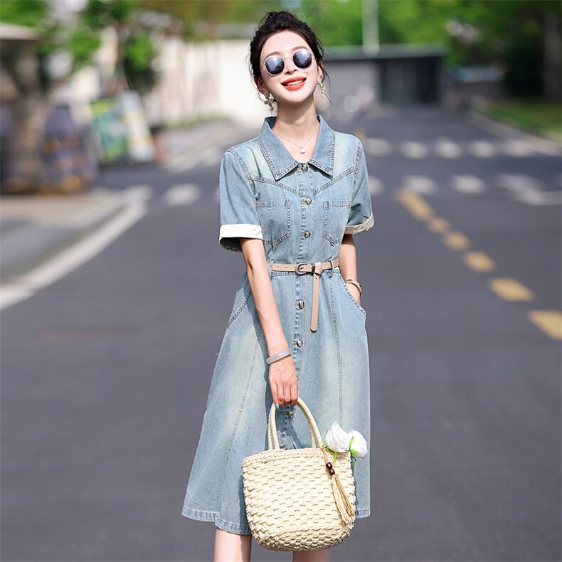 复古收腰显瘦牛仔连衣裙2025新款女夏季时尚减龄中长款裙子小个子,女装连衣裙,意芙