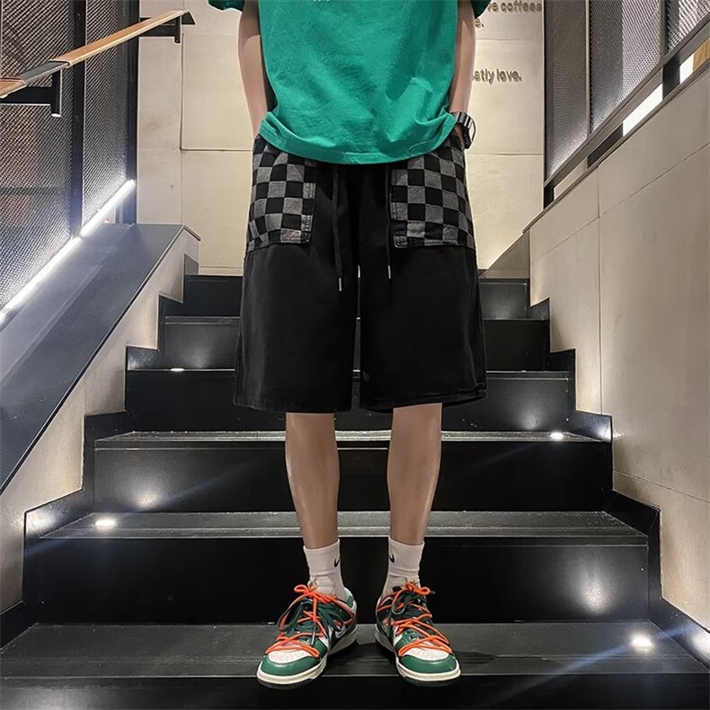 格子牛仔短裤男五分裤夏季宽松直筒休闲中裤ins潮牌情侣ND23-P36,男装牛仔裤,星座1008-1