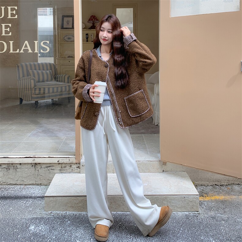 咖色美拉德格子拼接羊羔毛外套女冬季2025新款减龄奶fufu皮毛一体,女装羊绒大衣,2D034