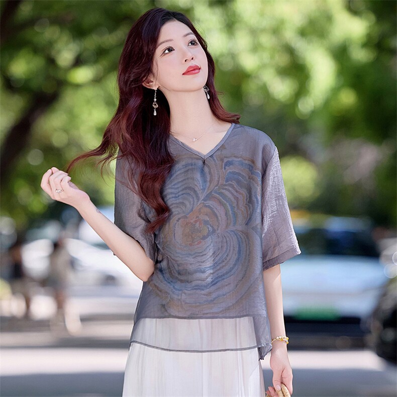 现货！夏季新款2025套装女简约时尚优雅气质天丝麻料印花上衣，女装衬衫，涵墨