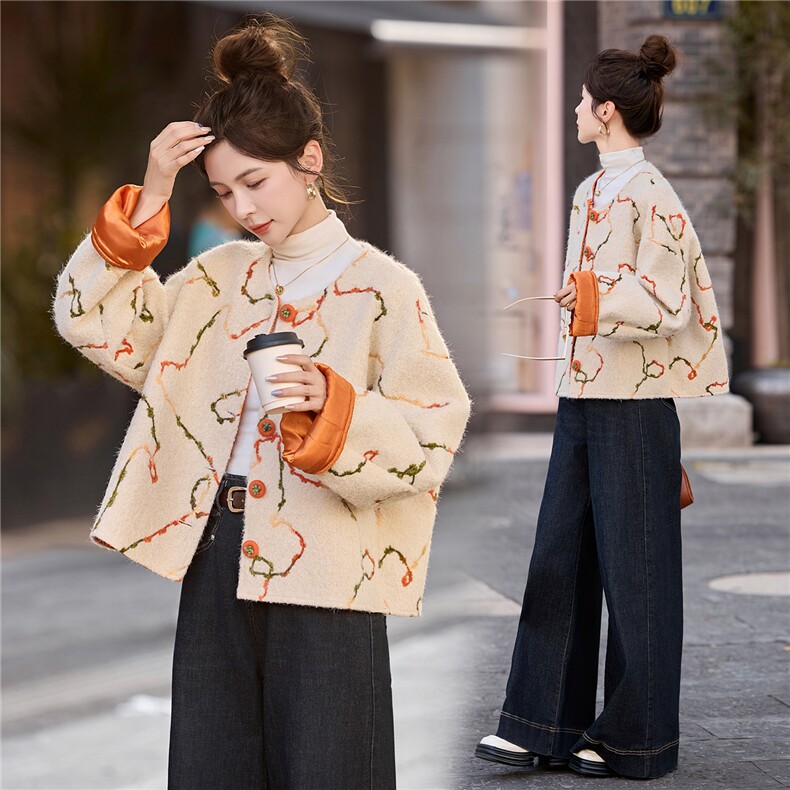 撞色提花单排扣毛呢外套女2025春秋新款高级轻奢小香风短款外套,女装毛呢外套,流量+