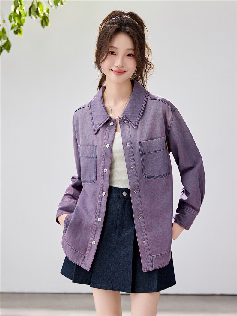 2026春季新款紫色渐变牛仔衬衫女设计感小众纯棉上衣休闲宽松外套,女装衬衫,艾米
