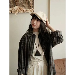 咖灰色格子衬衫女春秋新款宽松薄款小个子防晒衬衣复古设计感外套,男装防晒衣,星座1210-1