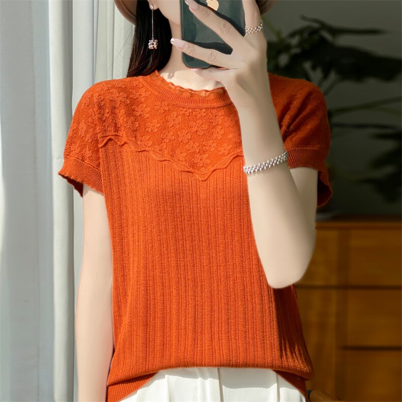 圆领套头纯色2024年秋季时尚气质短袖针织衫，女装针织衫/毛衣，大美人包芯纱店