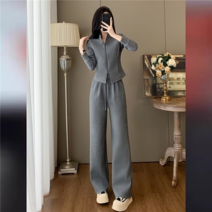 时尚套装女秋季新款洋气减龄修身显瘦半开拉链上衣阔腿长裤两件套图片