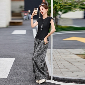 2025夏季新款韩版宽松百搭T恤松紧腰提花阔腿裤女显瘦长裤三件套图片