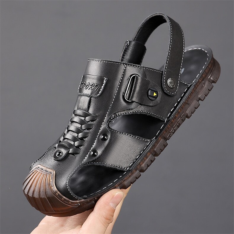 头层牛皮包头凉鞋男新款夏季沙滩鞋牛筋底凉拖鞋，男鞋凉鞋，电商A223