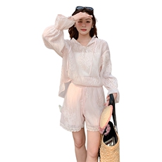 粉色连帽防晒衣套装女2025夏季新款超好看减龄刺绣上衣短裤两件套，女装套装/套裙，2C107